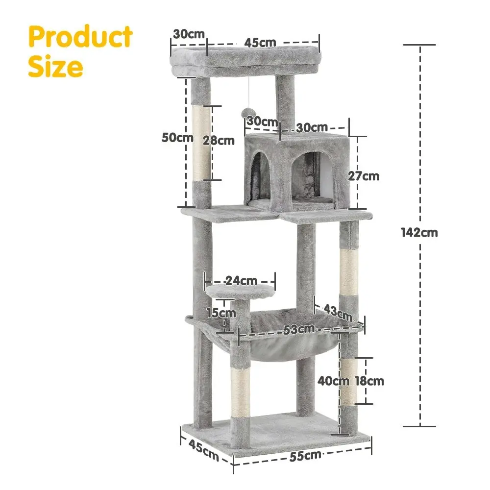 Petzly Cat Tree Tower Scratching Post Scratcher Condo House Bed 142cm Grey