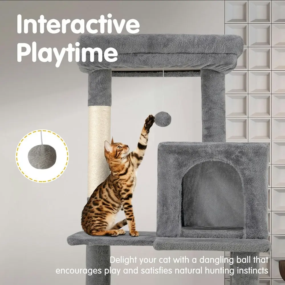 Petzly Cat Tree Tower Scratching Post Scratcher Condo House Bed 142cm Grey