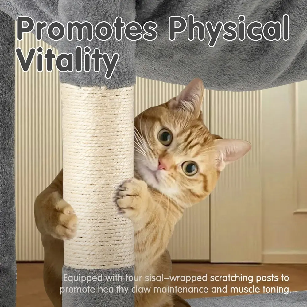 Petzly Cat Tree Tower Scratching Post Scratcher Condo House Bed 142cm Grey