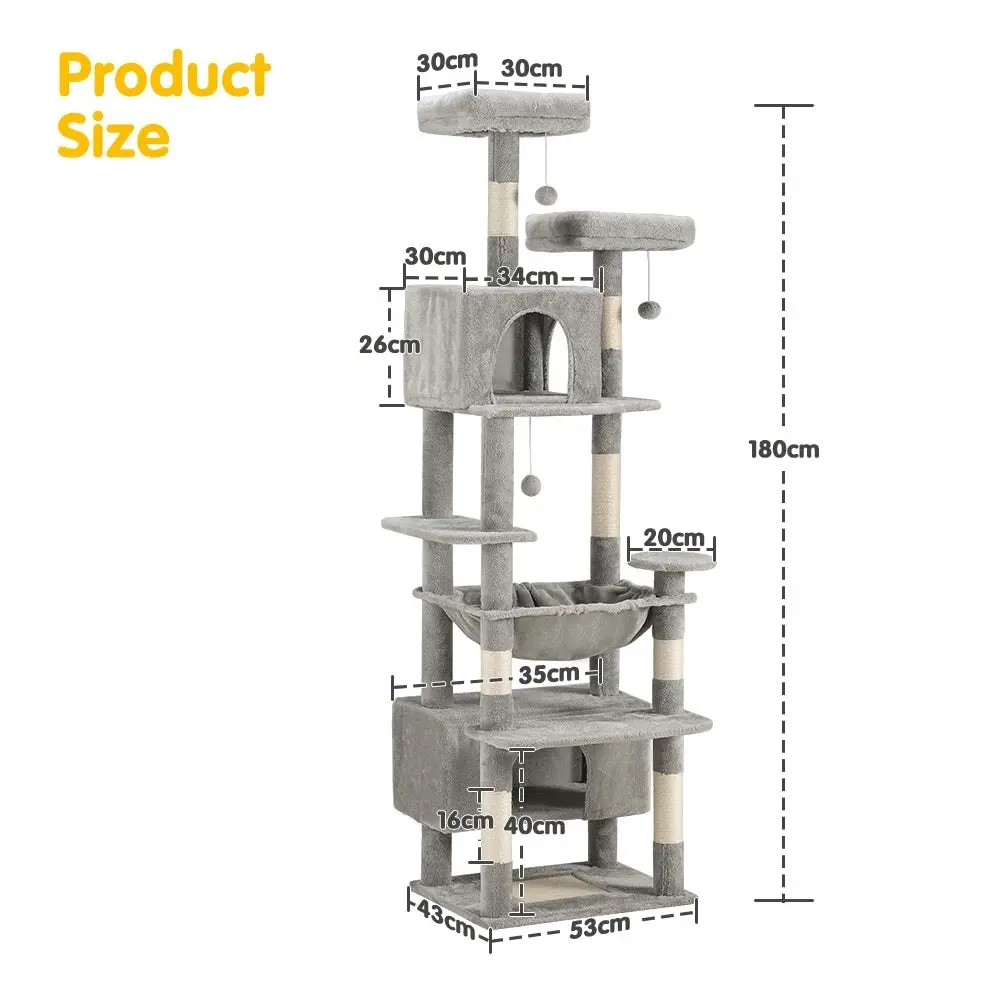 Petzly Cat Tree Tower Scratching Post Scratcher Condo House Bed 180cm Grey