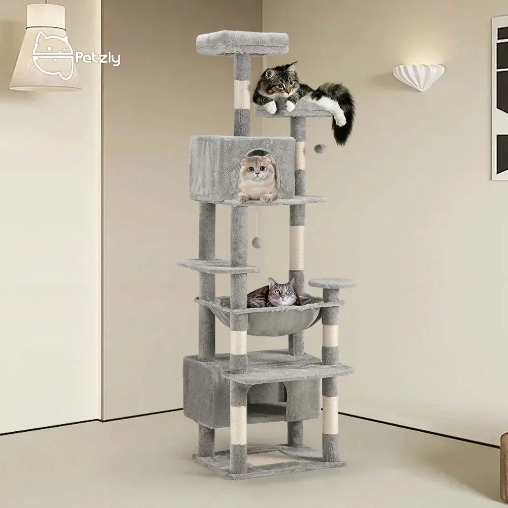 Petzly Cat Tree Tower Scratching Post Scratcher Condo House Bed 180cm Grey