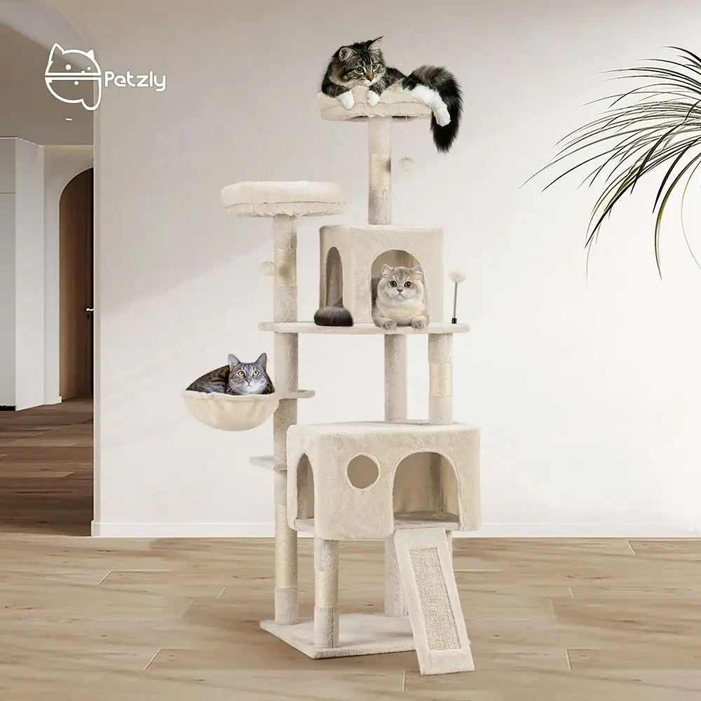 Petzly Cat Tree Tower Scratching Post Scratcher Condo House Bed 164cm Beige