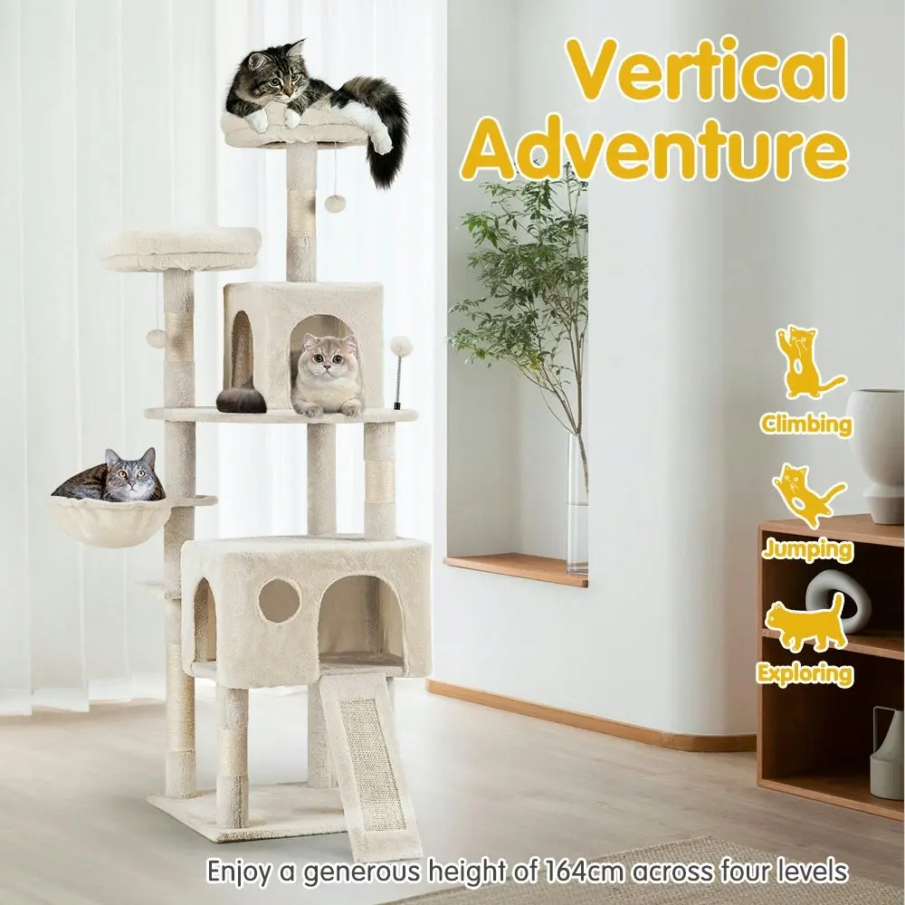 Petzly Cat Tree Tower Scratching Post Scratcher Condo House Bed 164cm Beige