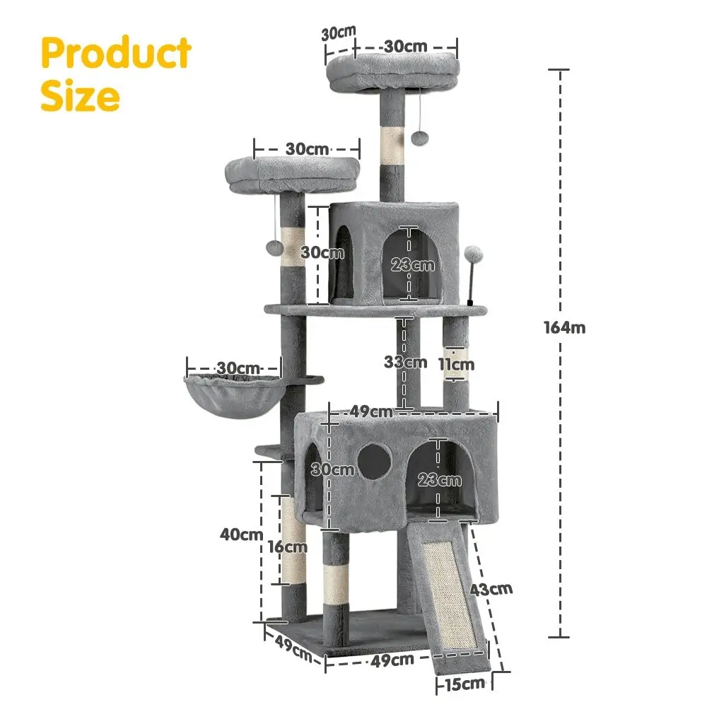 Petzly Cat Tree Tower Scratching Post Scratcher Condo House Bed 164cm Grey