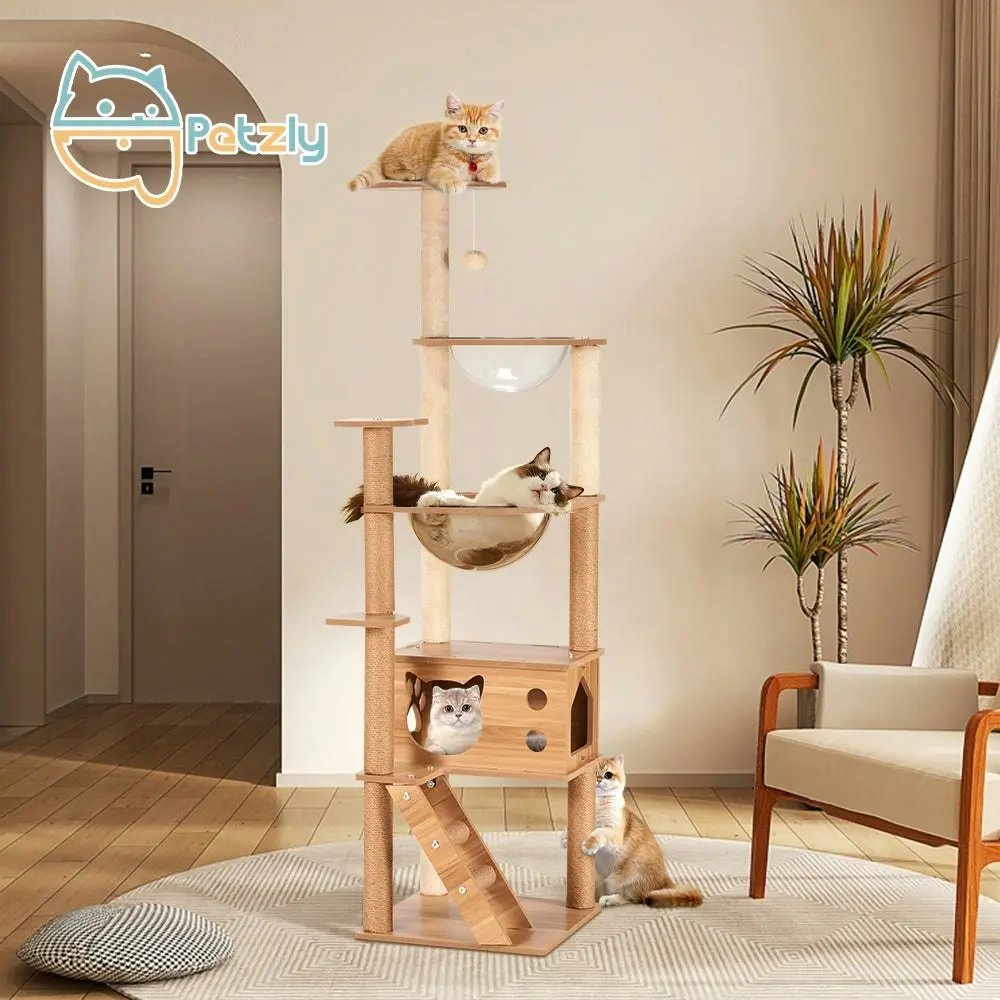 Petzly Wooden Cat Tree Tower Scratching Post Scratcher Condo House Bed 150cm