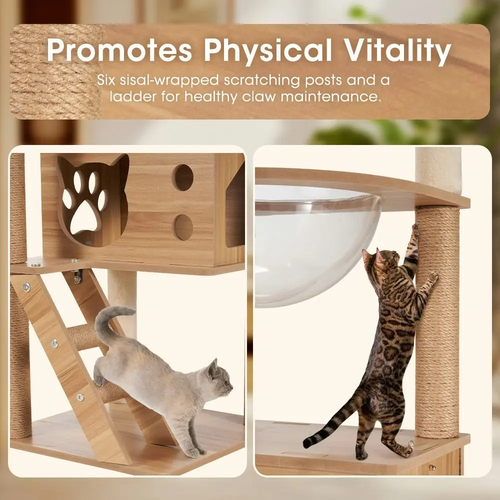 Petzly Wooden Cat Tree Tower Scratching Post Scratcher Condo House Bed 150cm