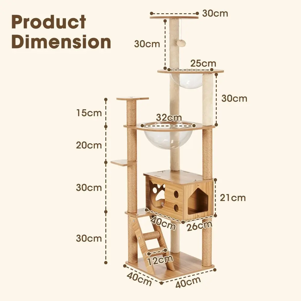 Petzly Wooden Cat Tree Tower Scratching Post Scratcher Condo House Bed 150cm