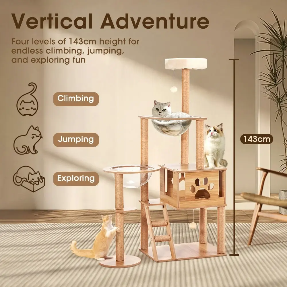 Petzly Wooden Cat Tree Tower Scratching Post Scratcher Condo House Bed 143cm