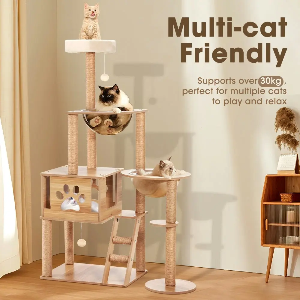 Petzly Wooden Cat Tree Tower Scratching Post Scratcher Condo House Bed 143cm