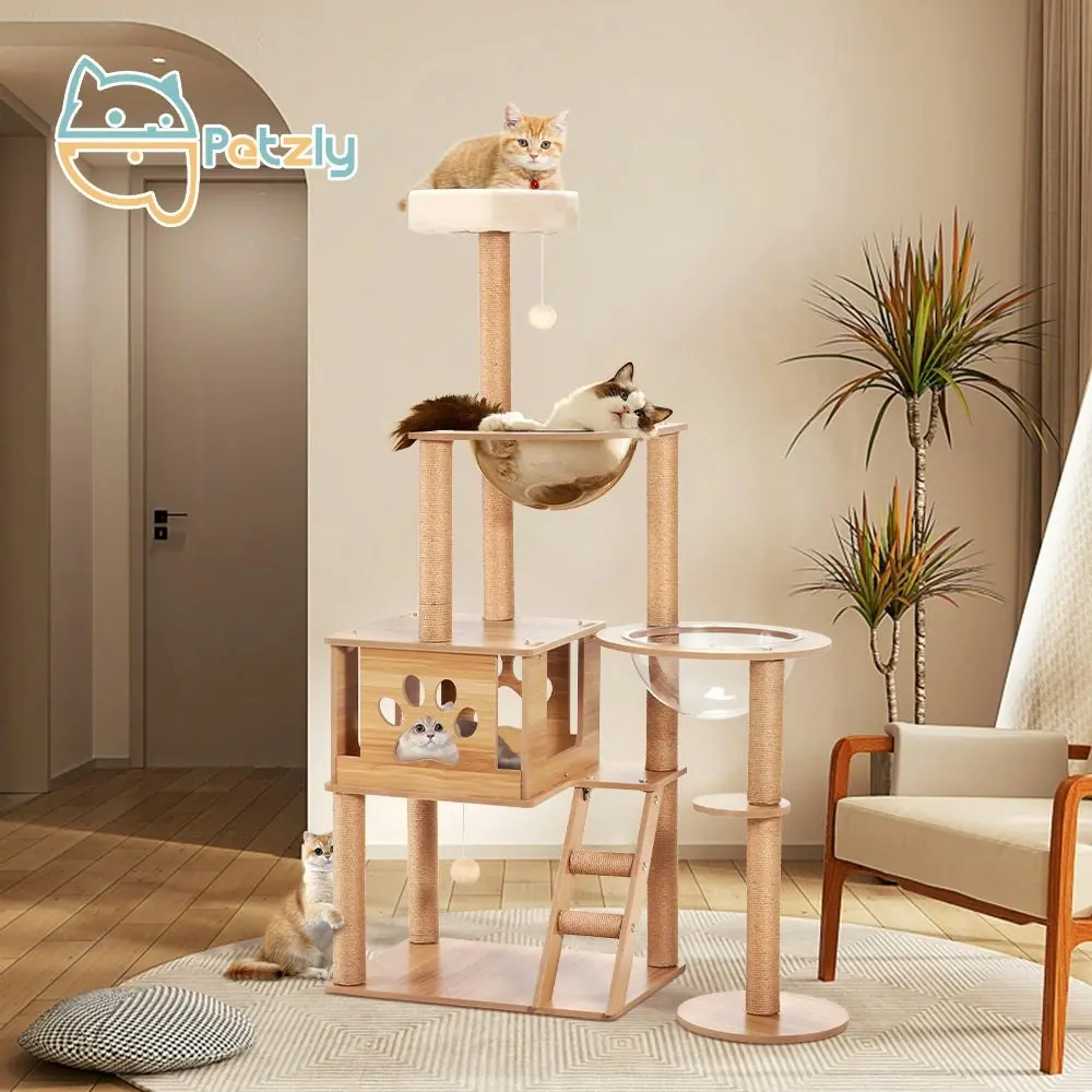 Petzly Wooden Cat Tree Tower Scratching Post Scratcher Condo House Bed 143cm