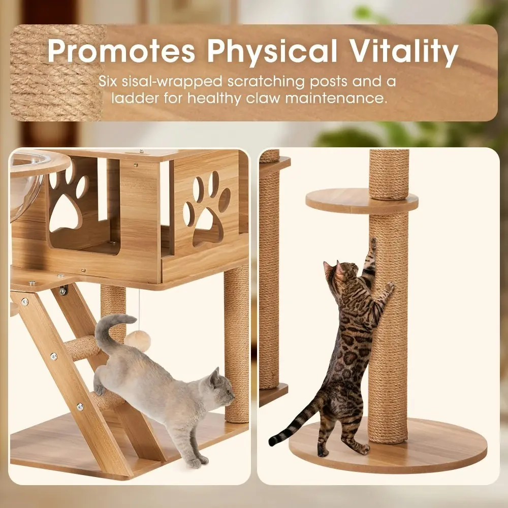 Petzly Wooden Cat Tree Tower Scratching Post Scratcher Condo House Bed 143cm