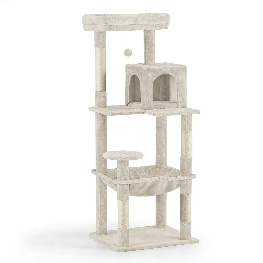 Petzly Cat Tree Tower Scratching Post Scratcher Condo 142cm Beige/Dark Grey/Grey