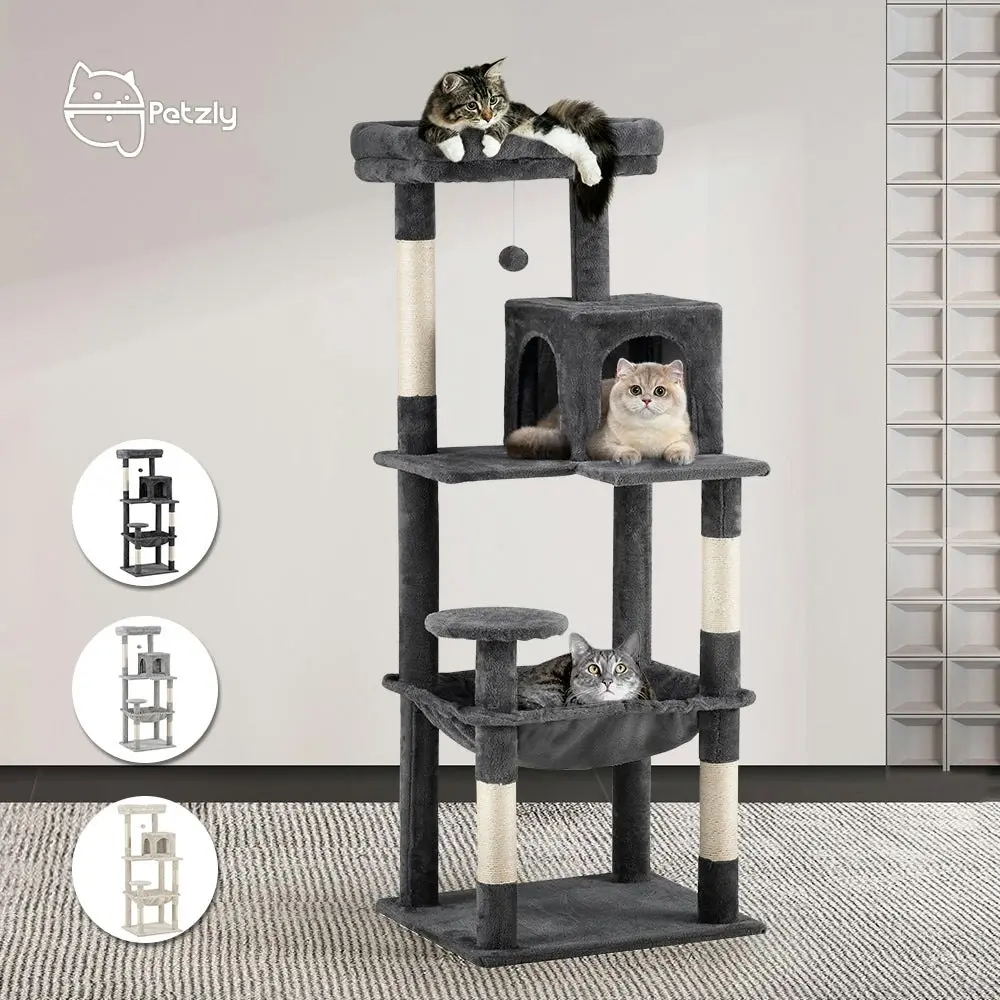 Petzly Cat Tree Tower Scratching Post Scratcher Condo 142cm Beige/Dark Grey/Grey