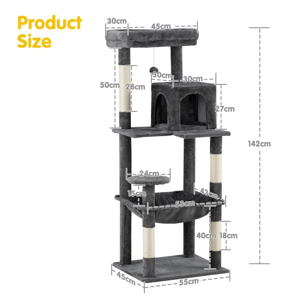 Petzly Cat Tree Tower Scratching Post Scratcher Condo 142cm Beige/Dark Grey/Grey