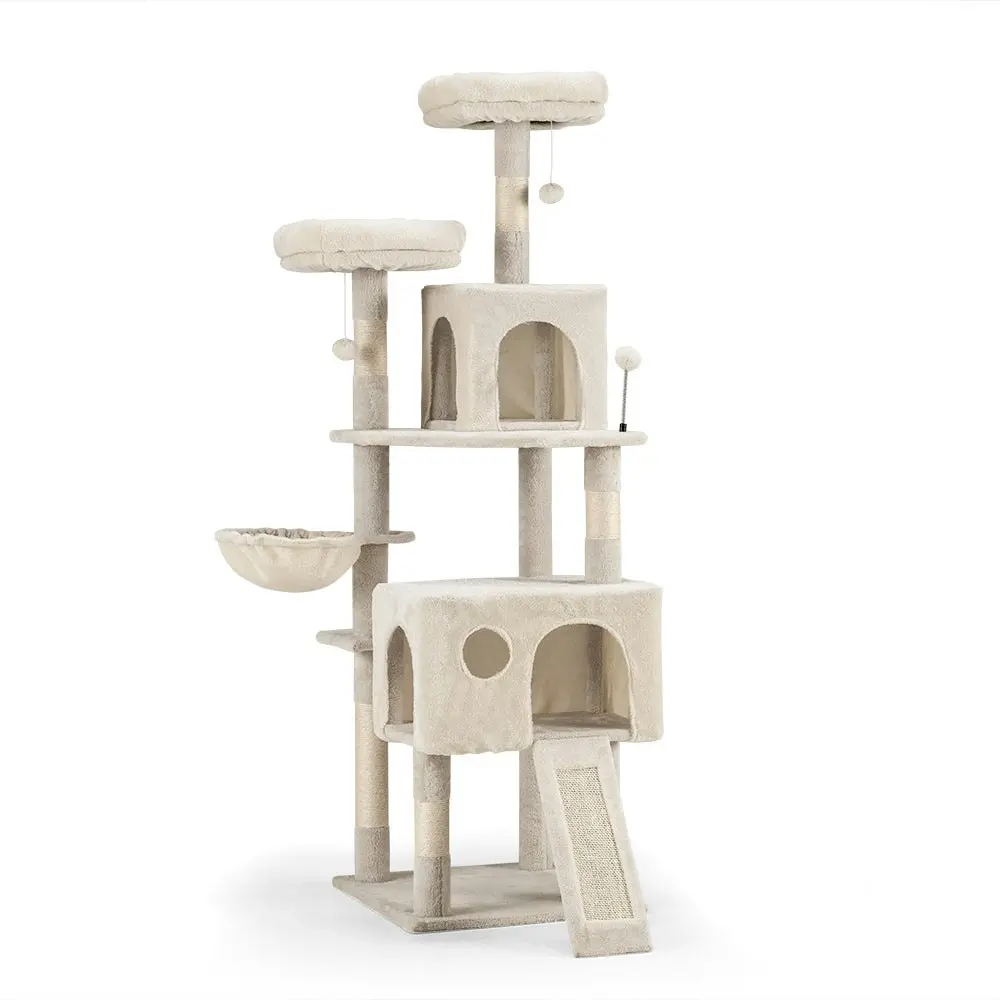 Petzly Cat Tree Tower Scratching Post Scratcher Condo House Bed 164cm Beige/Grey