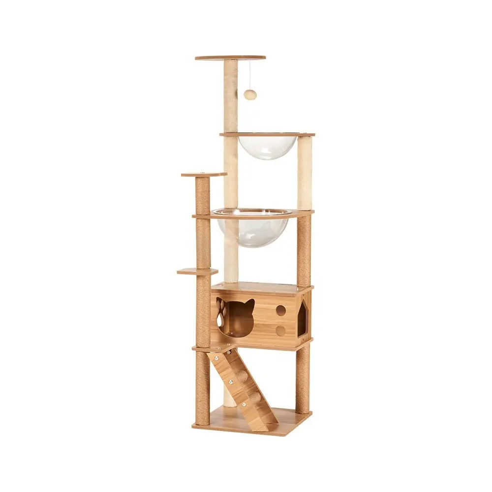 Petzly Wooden Cat Tree Tower Scratching Post Scratcher Condo House Bed 143/150cm