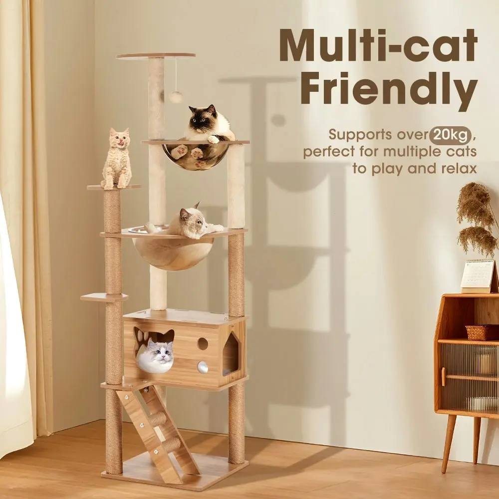 Petzly Wooden Cat Tree Tower Scratching Post Scratcher Condo House Bed 143/150cm