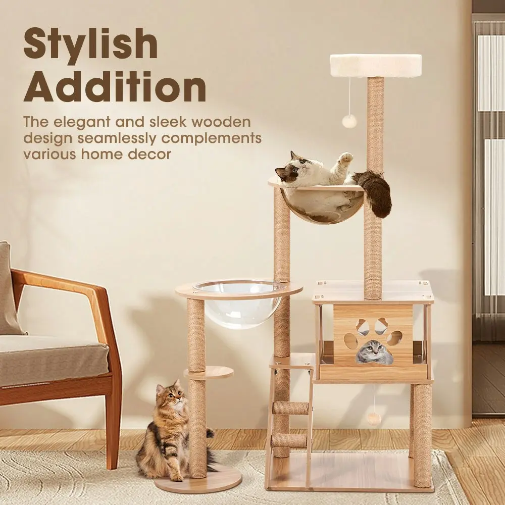 Petzly Wooden Cat Tree Tower Scratching Post Scratcher Condo House Bed 143/150cm