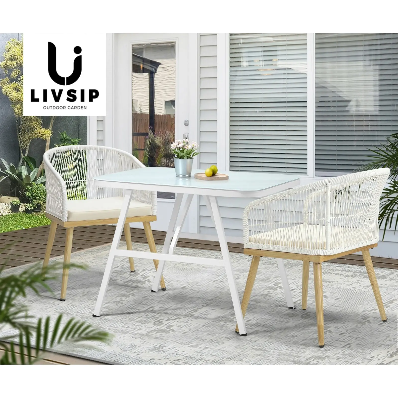 Livsip Outdoor Dining Set Patio Furniture Setting Garden Marble-style Table 3PCS