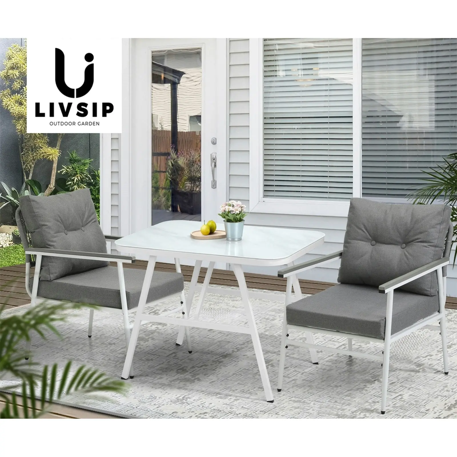 Livsip Outdoor Dining Set Garden Furniture Setting Marble-style Table 3 Piece