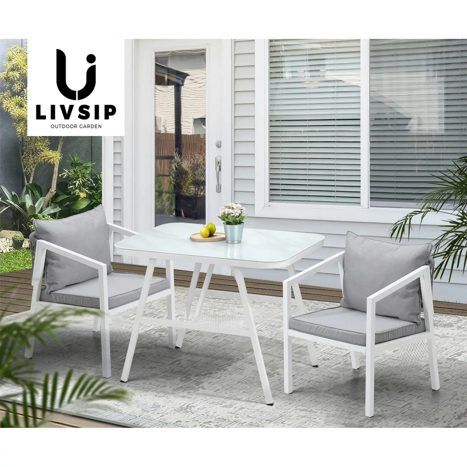 Livsip Outdoor Dining Set Marble-style Table Garden Patio Furniture Setting 3PCS