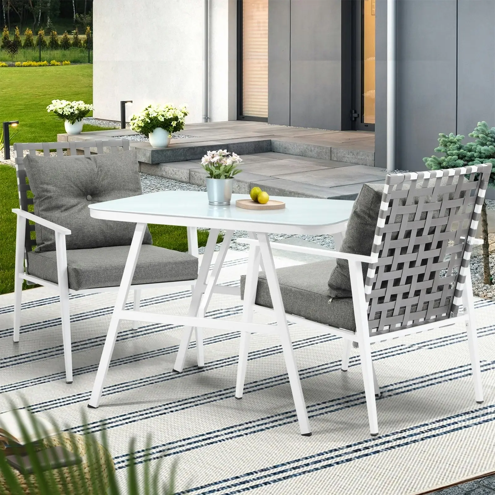 Livsip Outdoor Dining Set Rattan Chair Marble-style Table Garden Patio Furniture