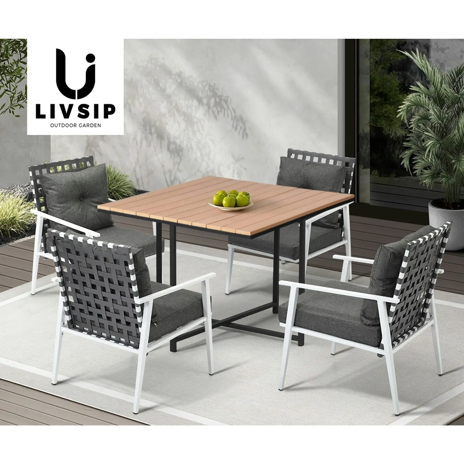 Livsip Outdoor Dining Set Patio Furniture Garden Rattan White Chairs Setting 4 Seater