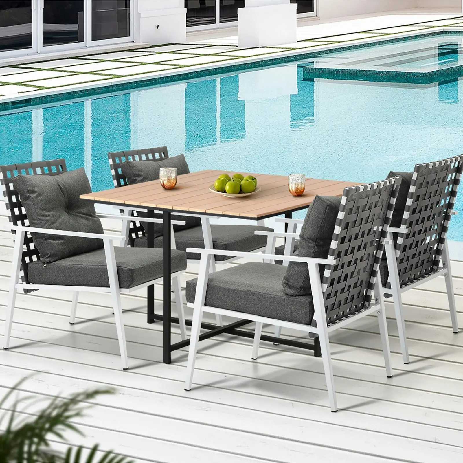 Livsip Outdoor Dining Set Patio Furniture Garden Rattan White Chairs Setting 4 Seater