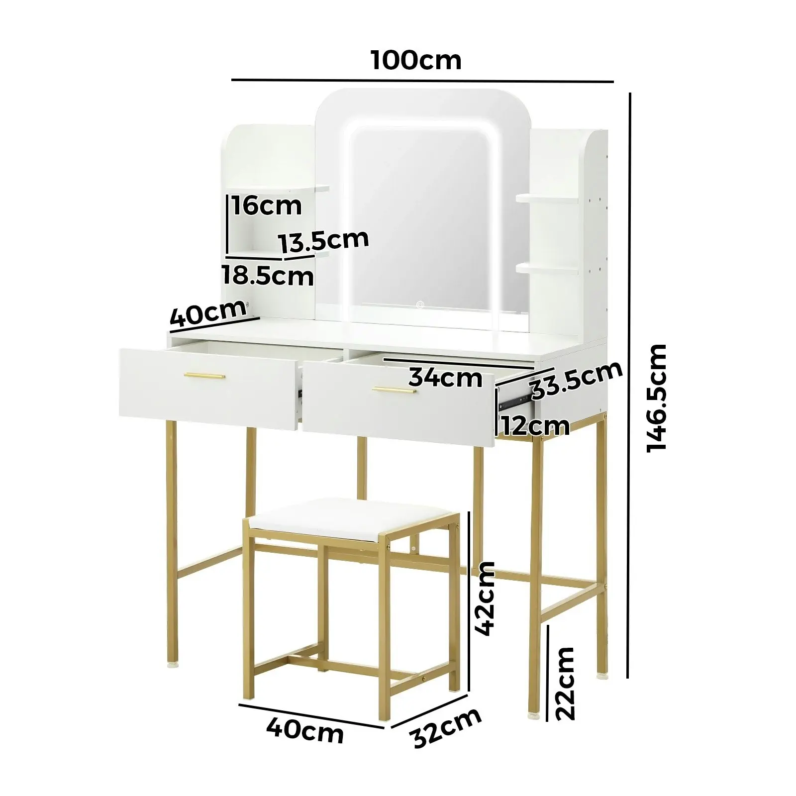 Oikiture Dressing Table Stool Set Makeup LED Mirror Vanity Iron Desk White Gold