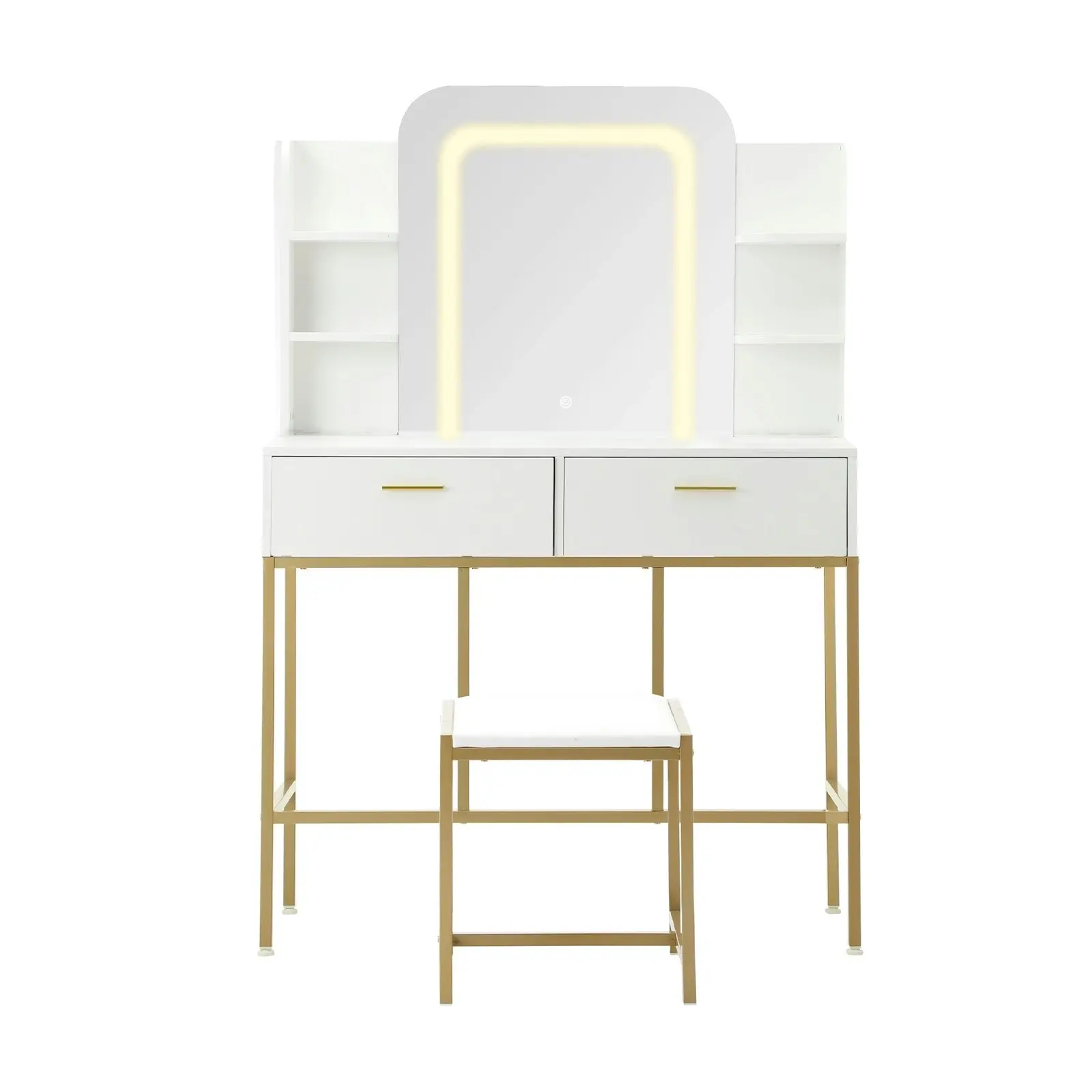 Oikiture Dressing Table Stool Set Makeup LED Mirror Vanity Iron Desk White Gold