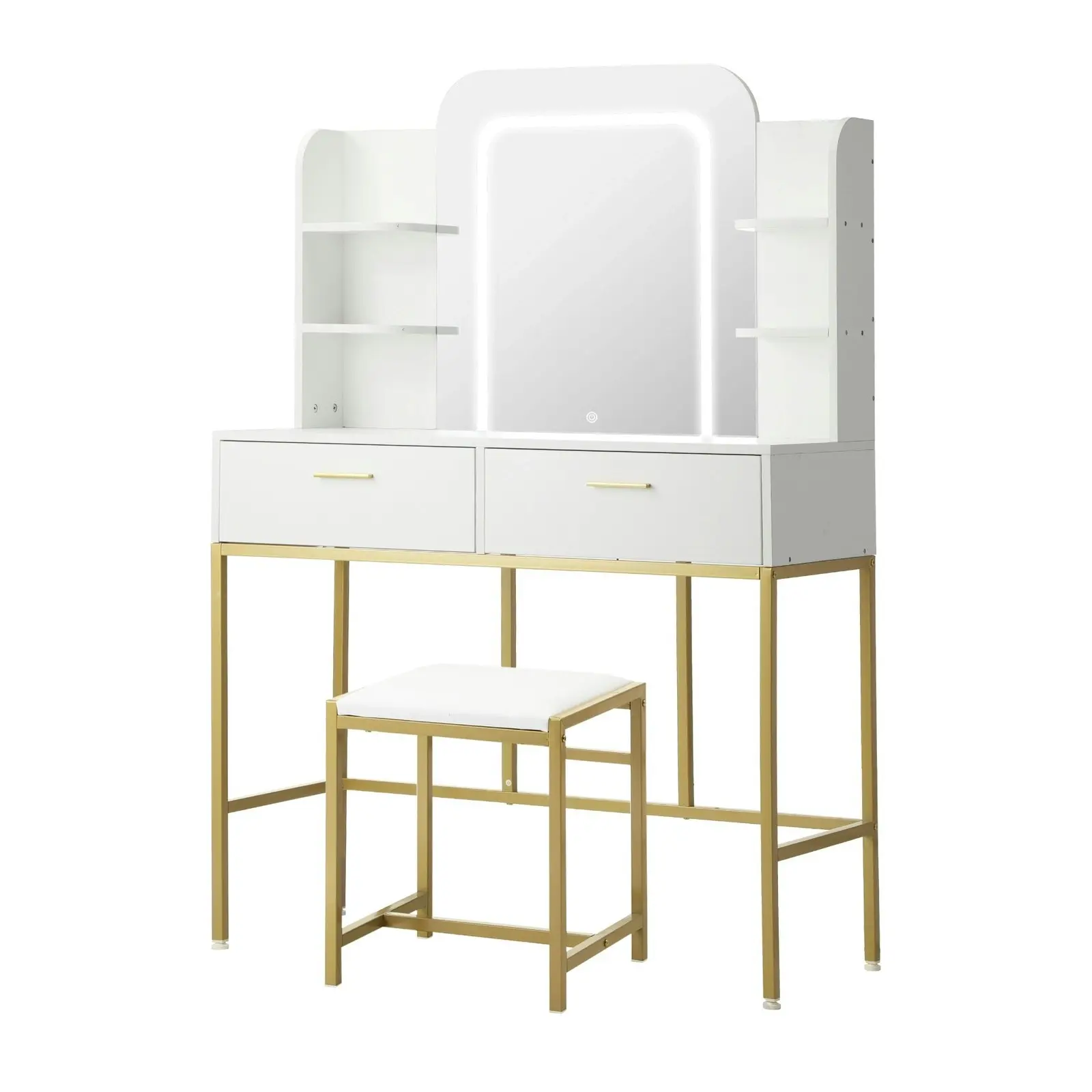 Oikiture Dressing Table Stool Set Makeup LED Mirror Vanity Iron Desk White Gold