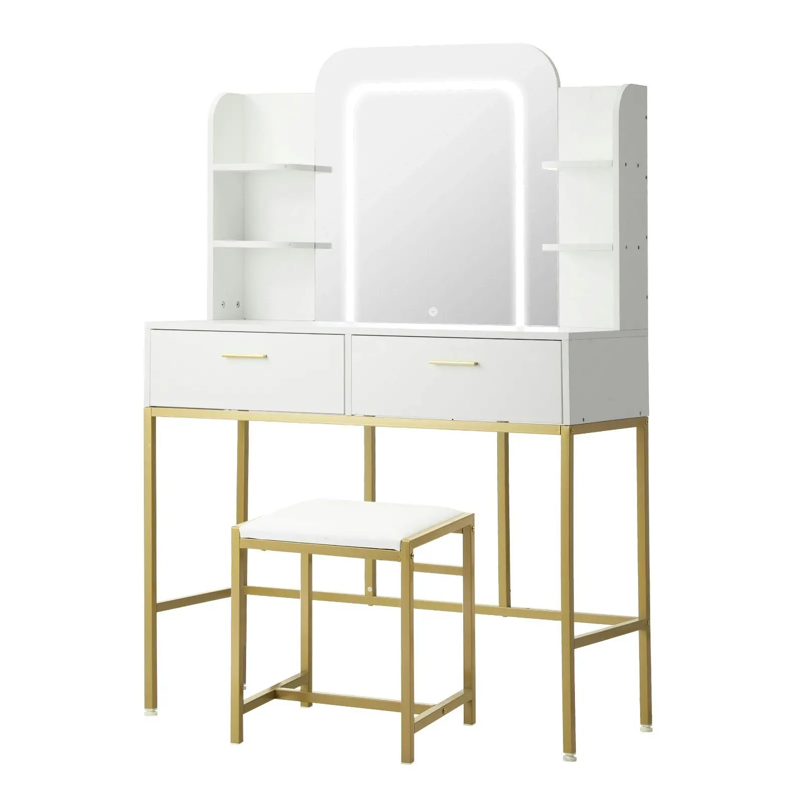 Oikiture Dressing Table Stool Set Makeup LED Mirror Vanity Iron Desk White Gold