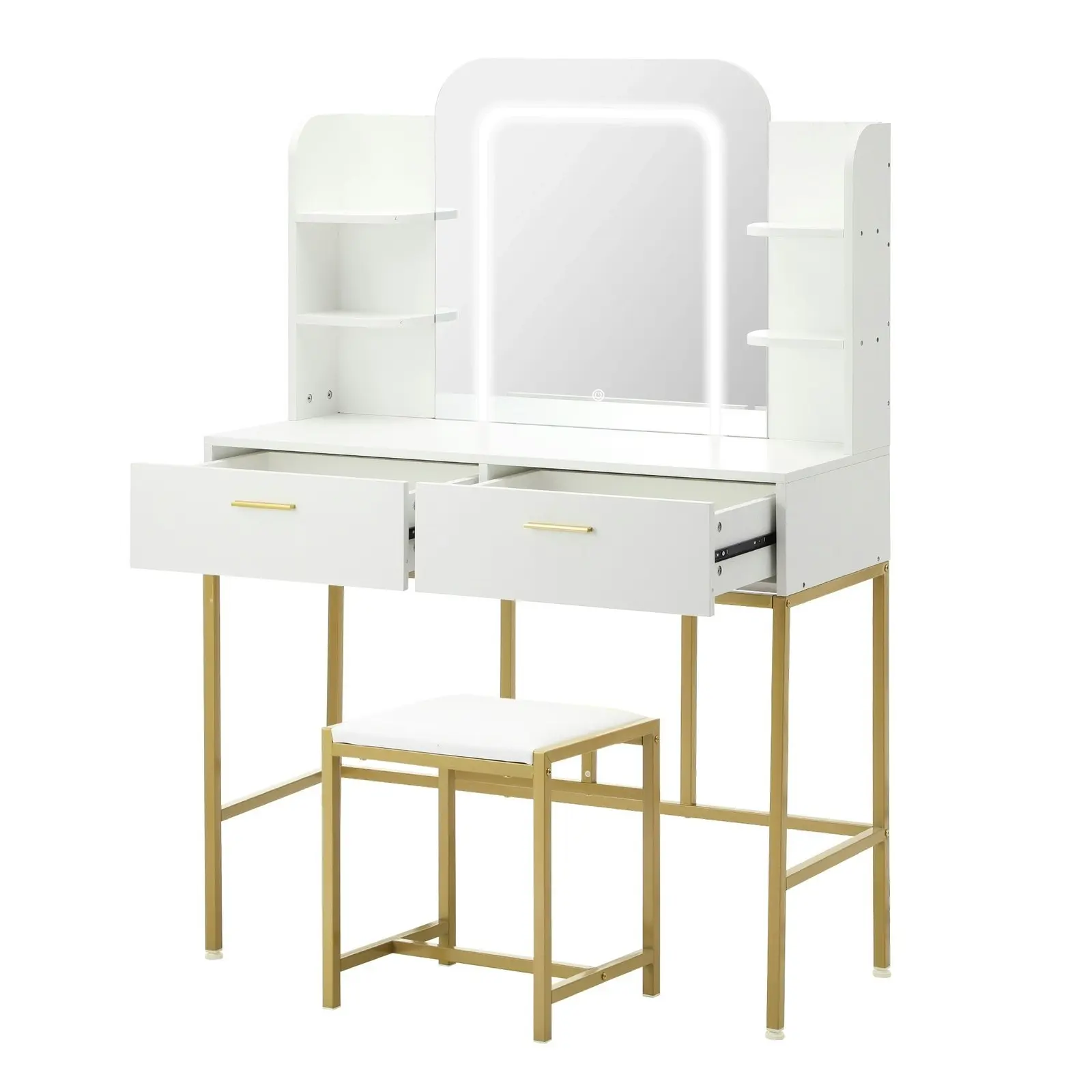 Oikiture Dressing Table Stool Set Makeup LED Mirror Vanity Iron Desk White Gold