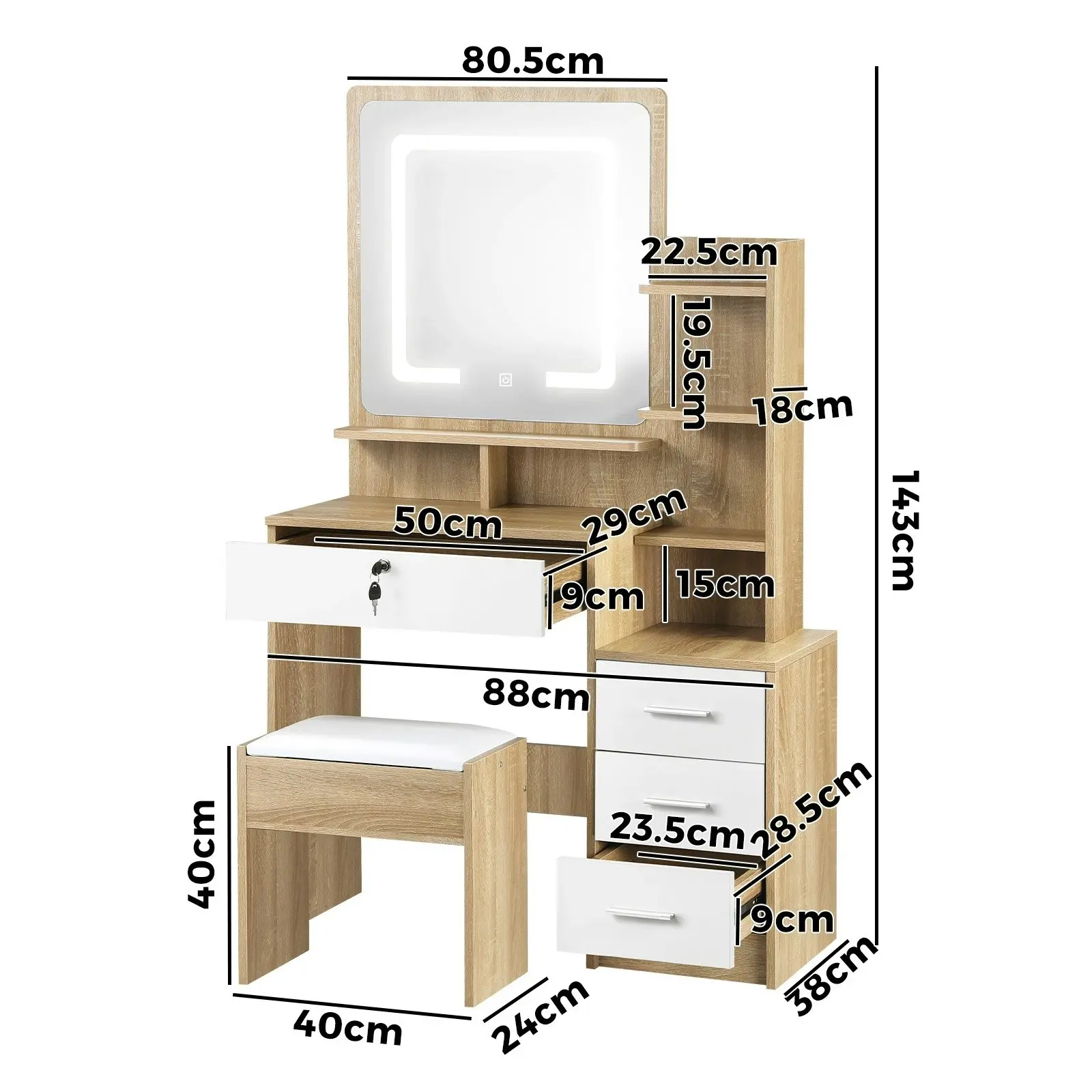 Oikiture Dressing Table Stool Set Makeup Mirror LED Light Cabinet Natural White