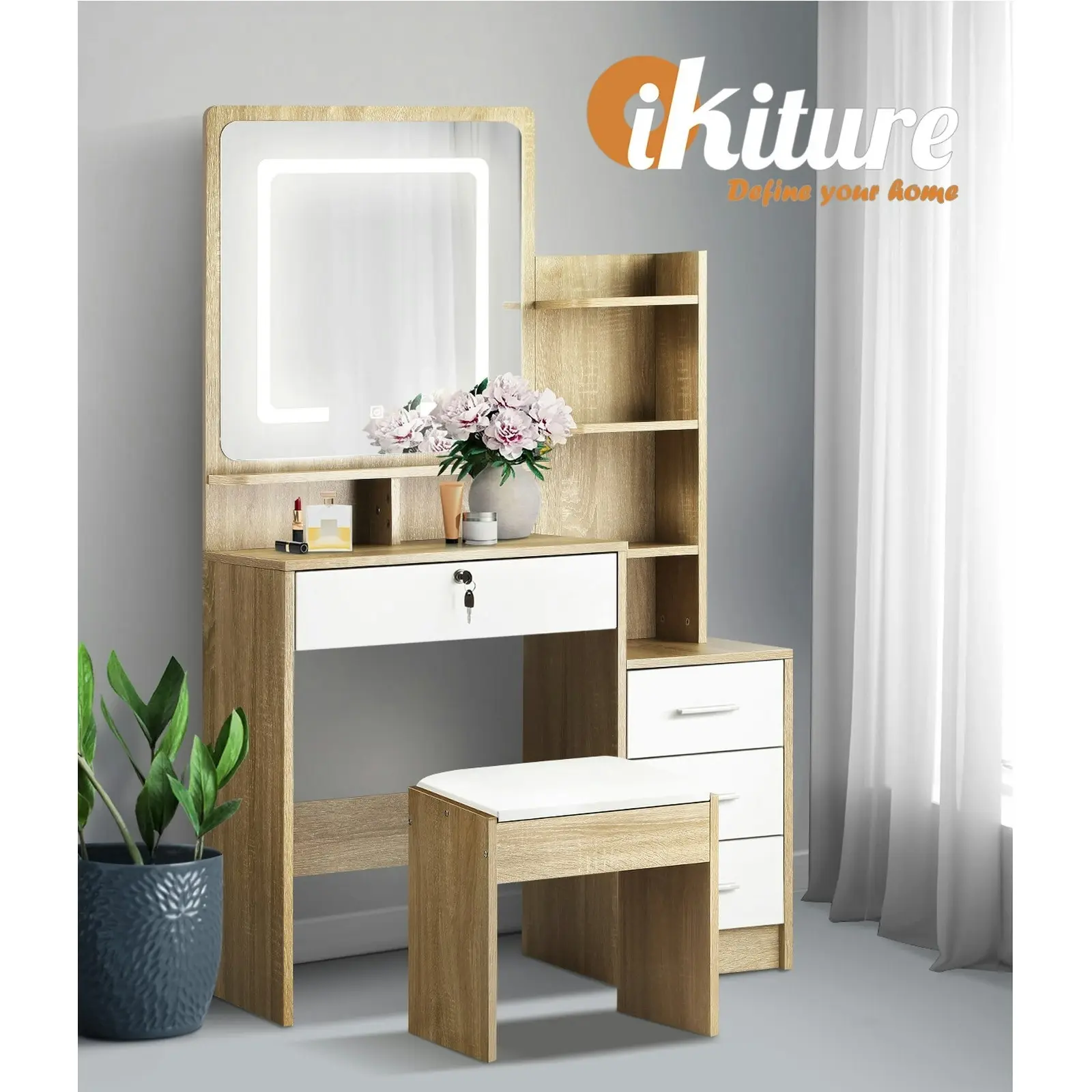 Oikiture Dressing Table Stool Set Makeup Mirror LED Light Cabinet Natural White