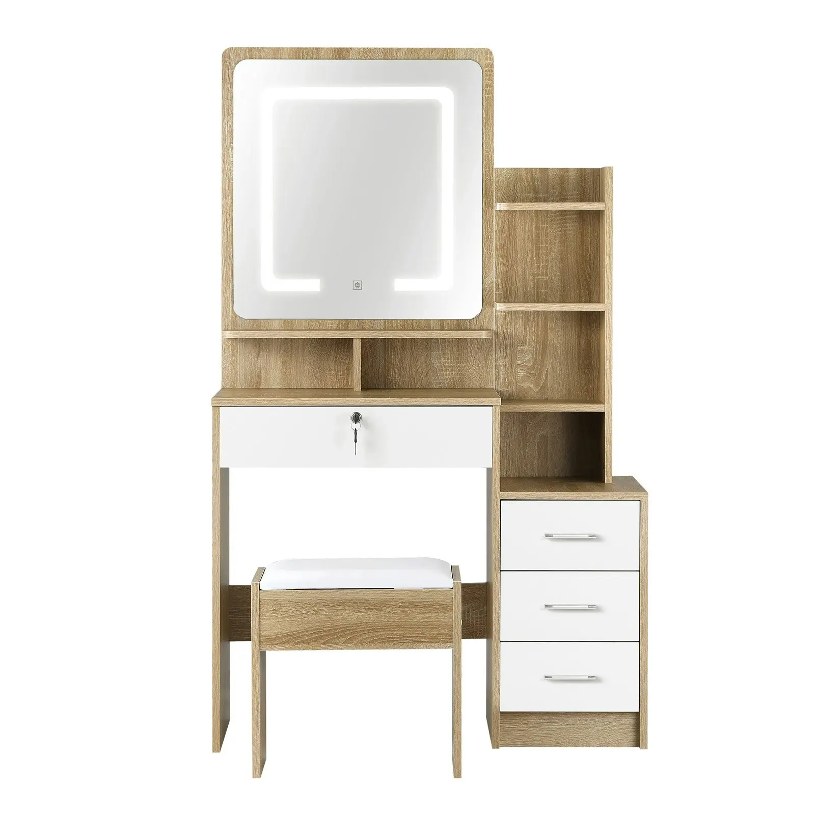 Oikiture Dressing Table Stool Set Makeup Mirror LED Light Cabinet Natural White