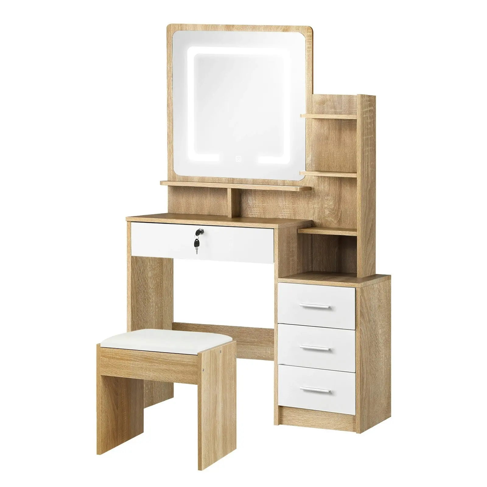 Oikiture Dressing Table Stool Set Makeup Mirror LED Light Cabinet Natural White