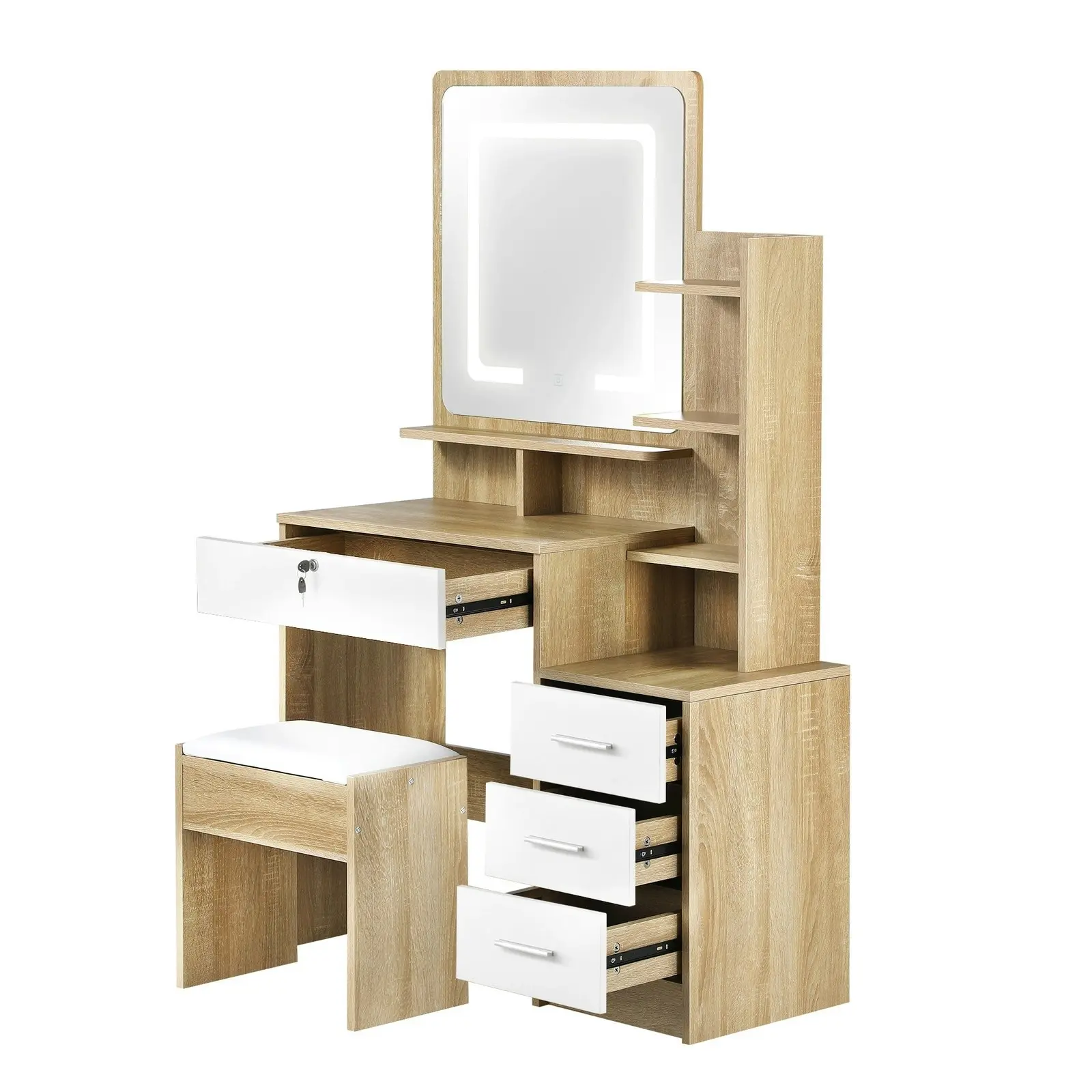 Oikiture Dressing Table Stool Set Makeup Mirror LED Light Cabinet Natural White