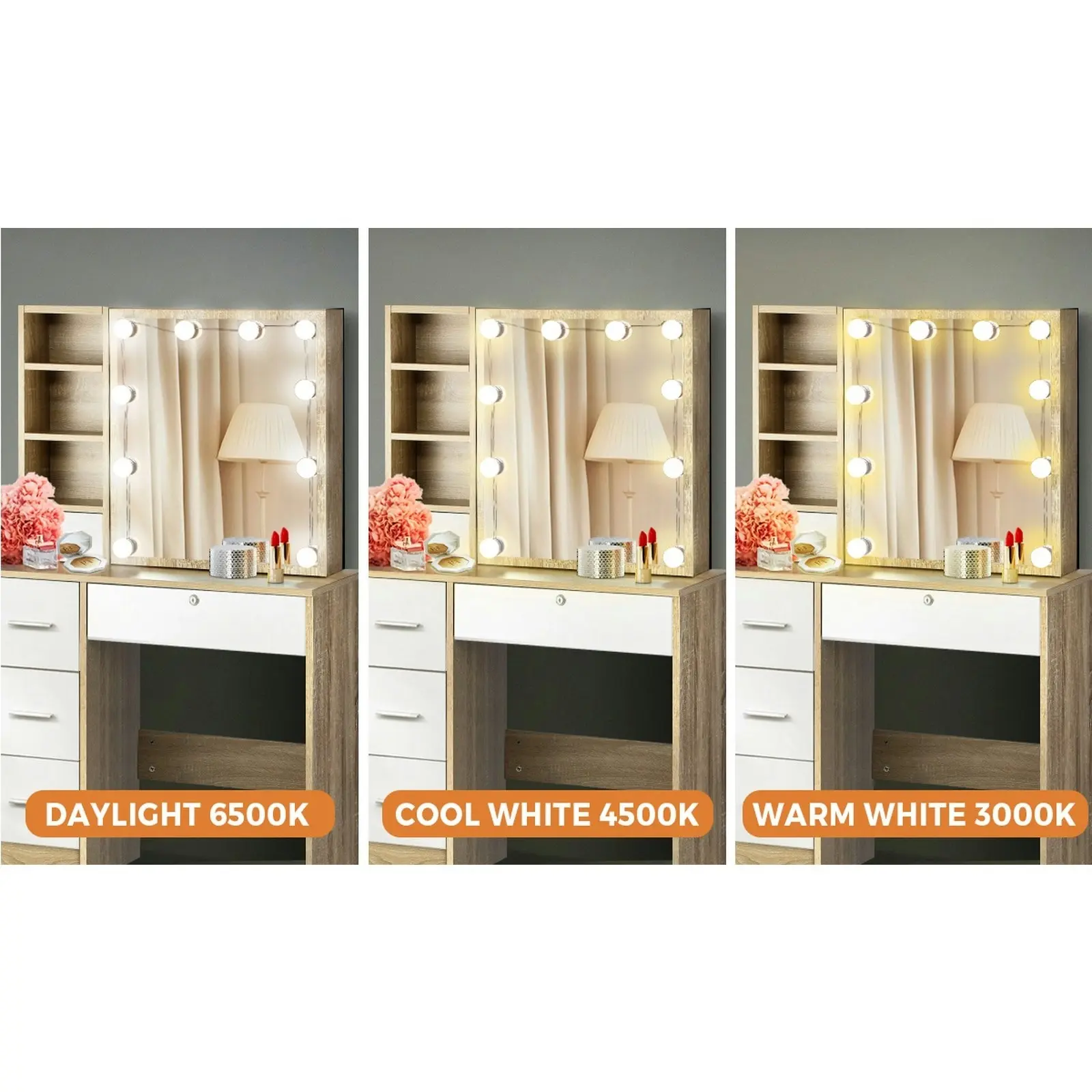 Oikiture Dressing Table Stool Set Slide Mirror Drawer 10 LED Bulbs Natural White