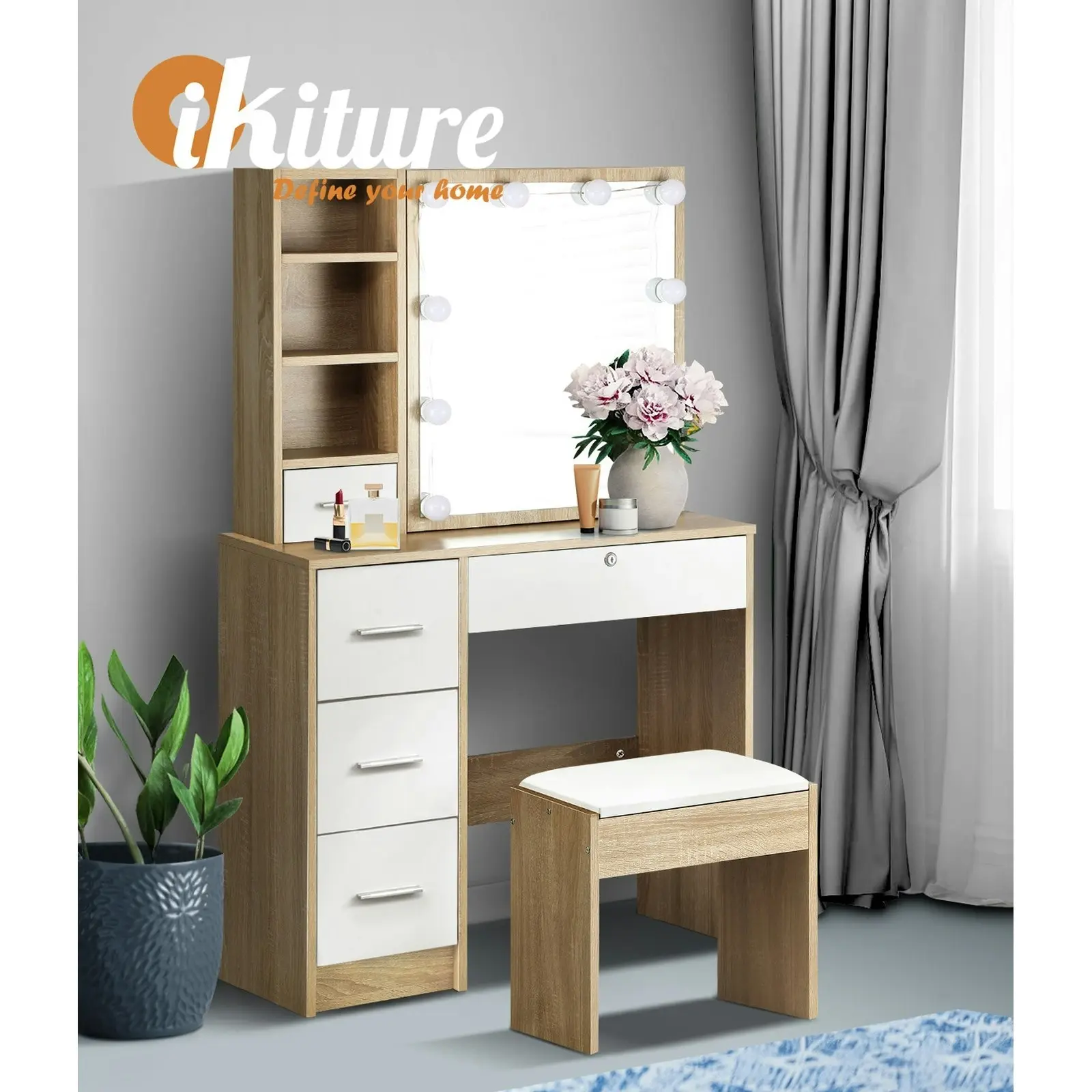 Oikiture Dressing Table Stool Set Slide Mirror Drawer 10 LED Bulbs Natural White