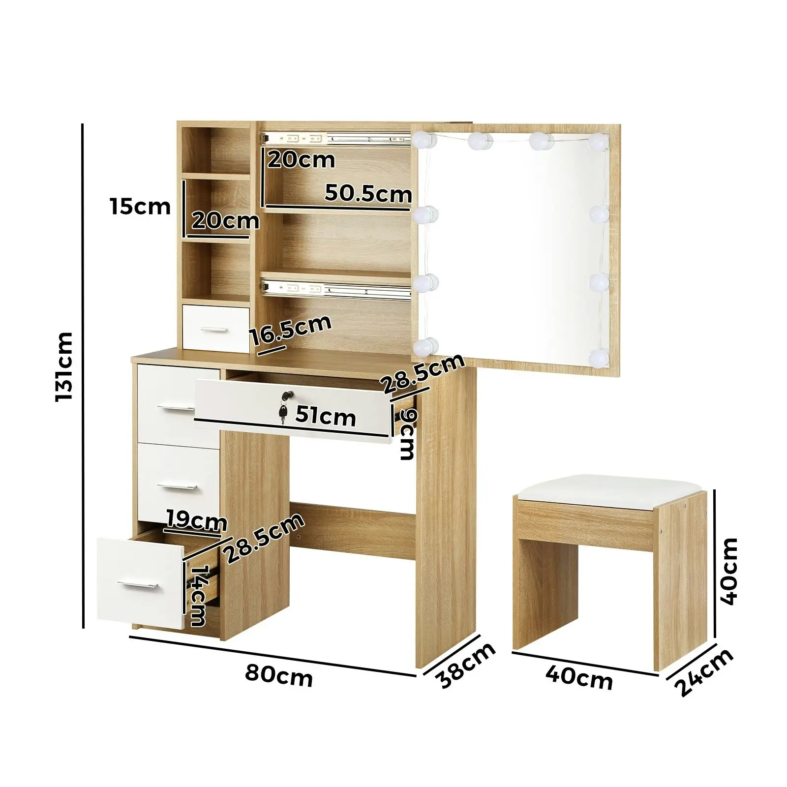 Oikiture Dressing Table Stool Set Slide Mirror Drawer 10 LED Bulbs Natural White