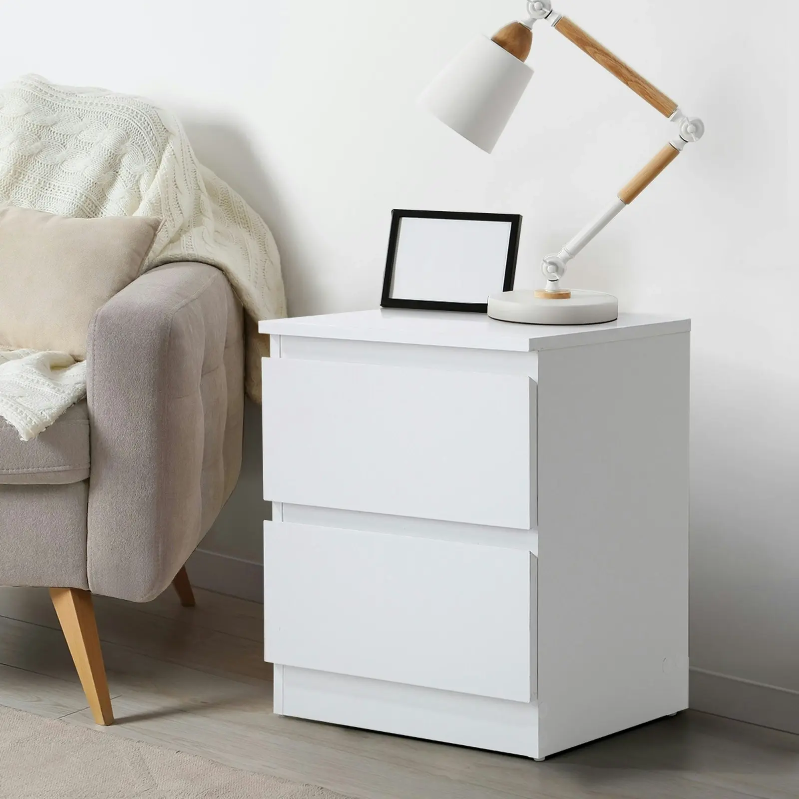 Oikiture Bedside Table Nightstand 2 Drawers Side End Table Storage Cabinet White