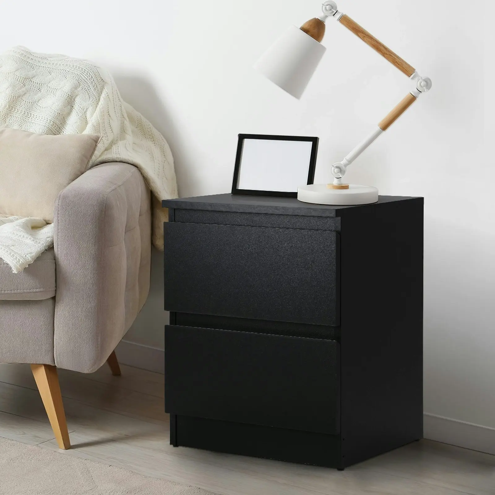 Oikiture Bedside Table Nightstand 2 Drawers Side End Table Storage Cabinet Black