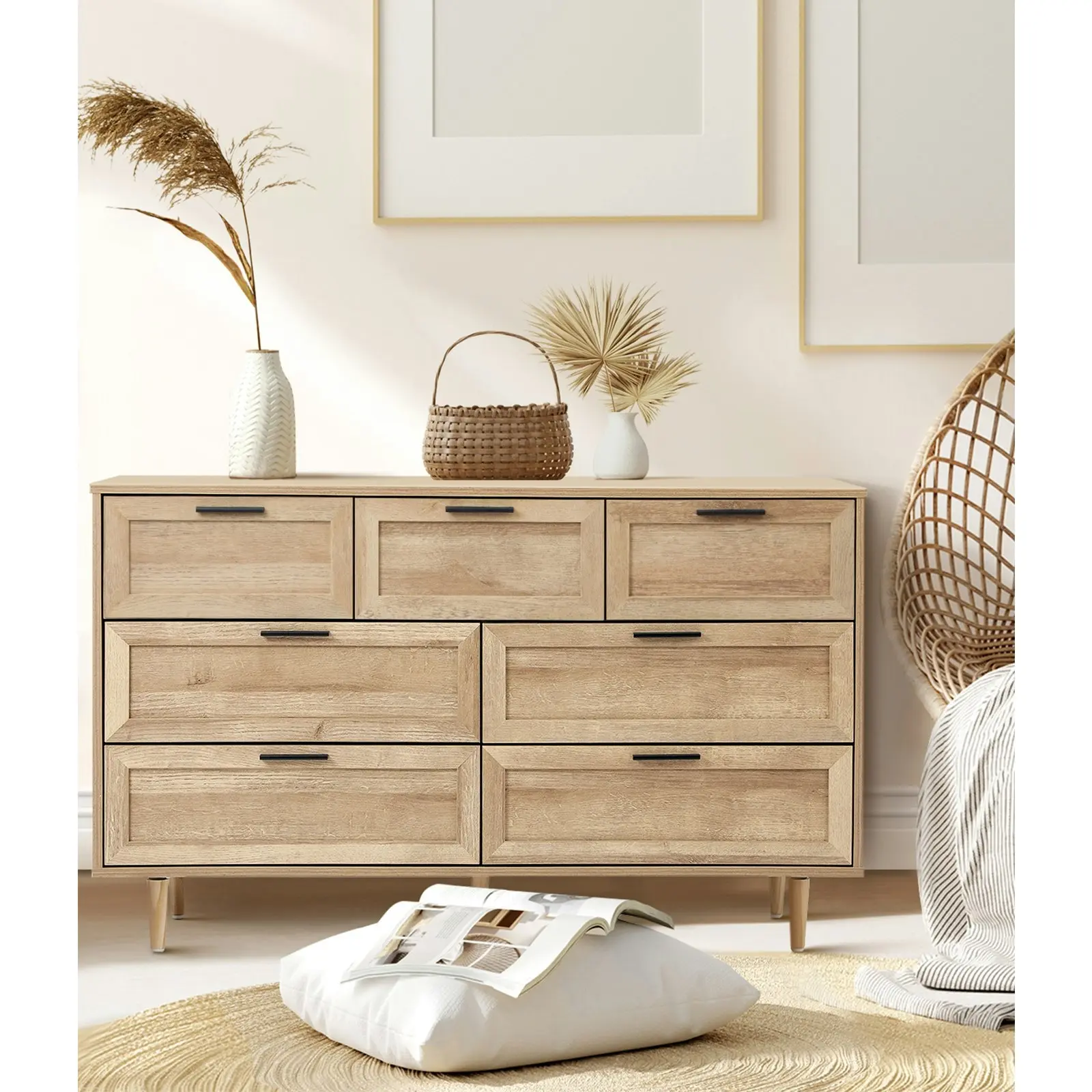 Oikiture 7 Chest of Drawers Dresser Chest Storage Cabinet Tallboy Natural