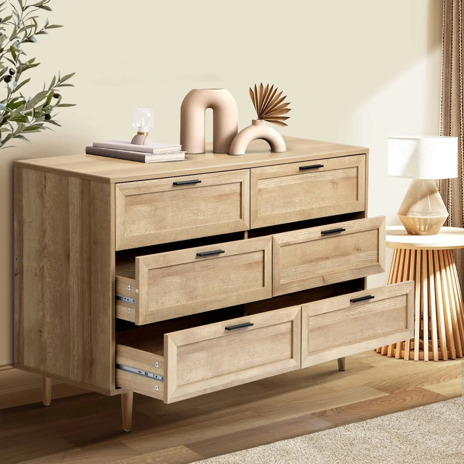 Oikiture 6 Chest of Drawers Dresser Chest Storage Cabinet Tallboy Natural