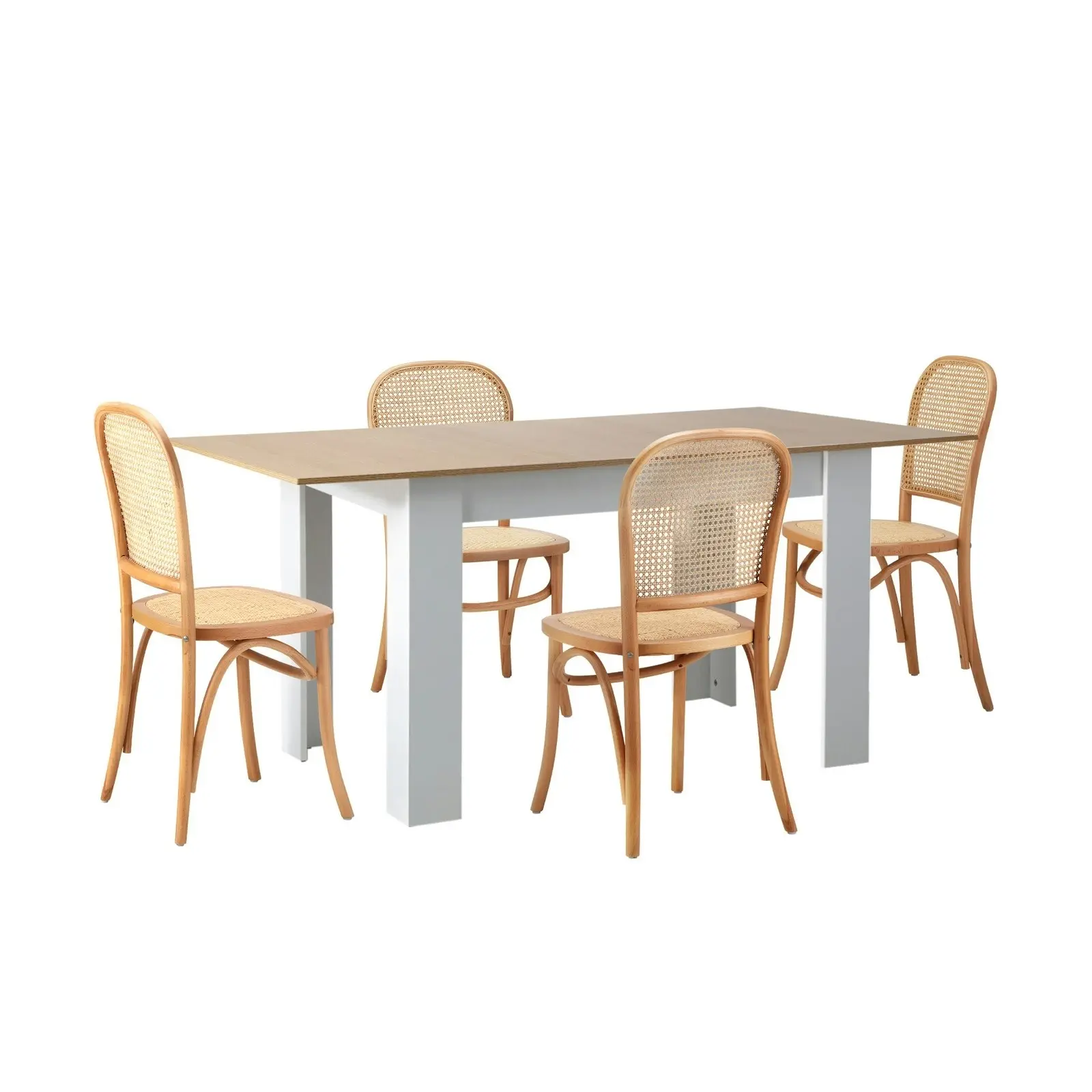 Oikiture 5PCS Dining sets 160cm Extendable Table with Chairs Rattan Natural