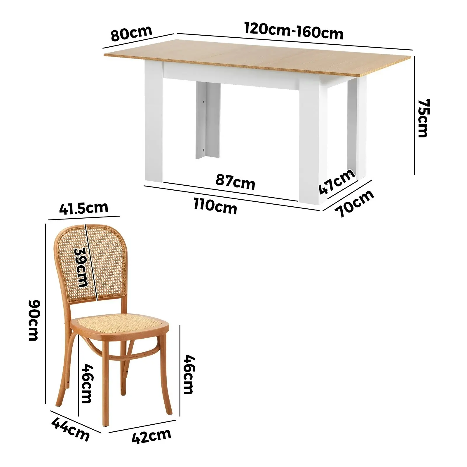 Oikiture 5PCS Dining sets 160cm Extendable Table with Chairs Rattan Natural