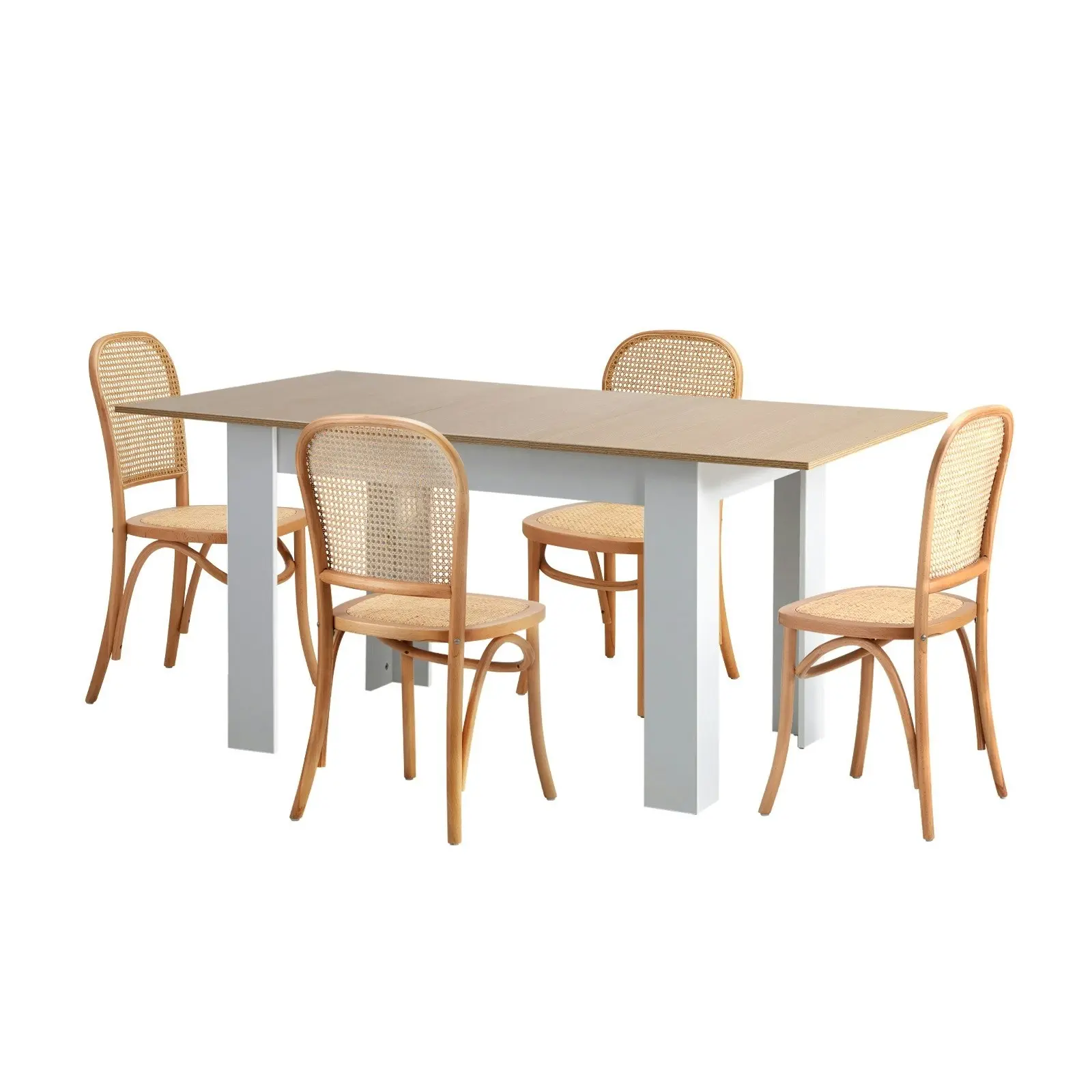 Oikiture 5PCS Dining sets 160cm Extendable Table with Chairs Rattan Natural