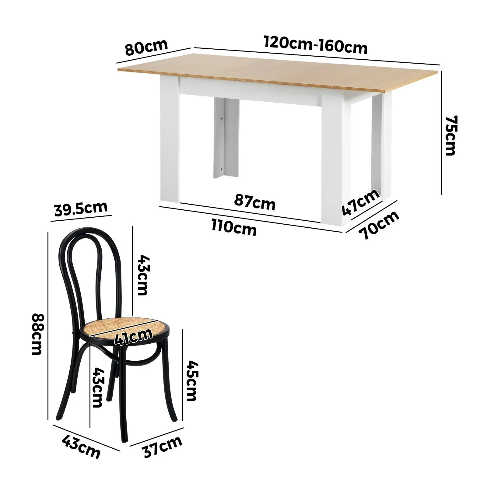 Oikiture 7PCS Dining sets 160cm Extendable Table with Crossback Chairs Black