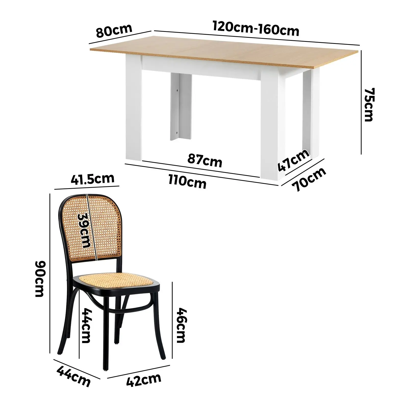 Oikiture 5PCS Dining sets 160cm Extendable Table with Chairs Rattan Black